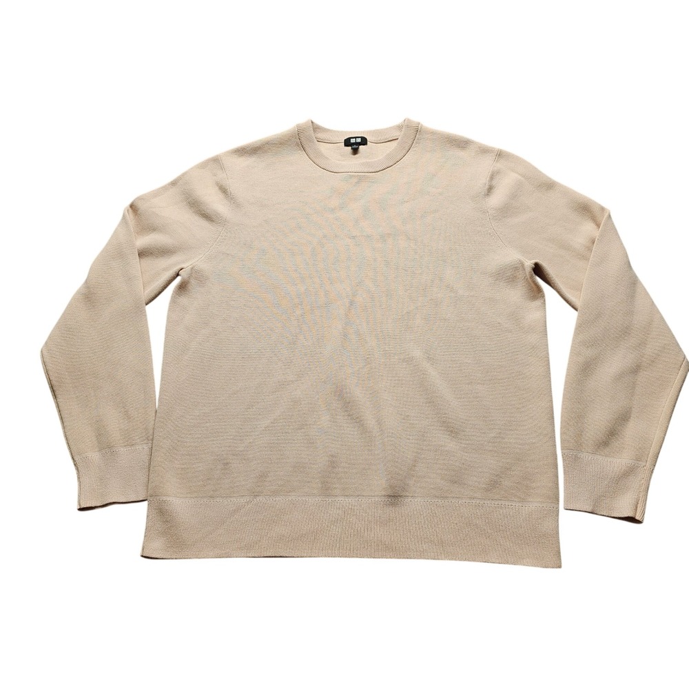 Uniqlo Crewneck Knit Sweater Large Beige Tan Mens Solid Long Sleeve Casual 5092